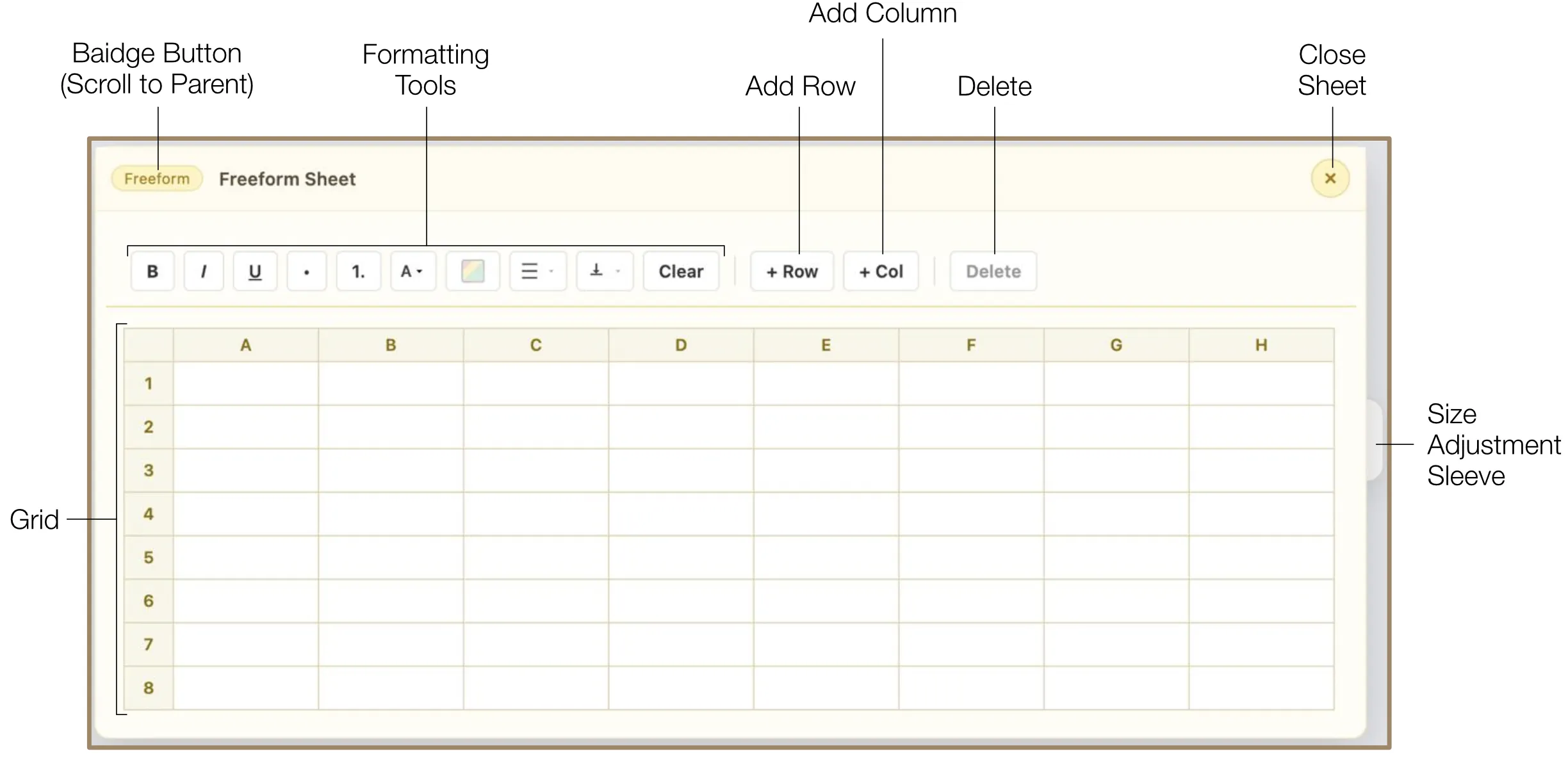 Freeform spreadsheet grid with formulas and text formatting tools